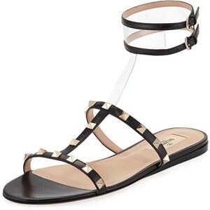 NEW VALENTINO Garavani Rockstud Moonwalk T-strap Flat Sandal black